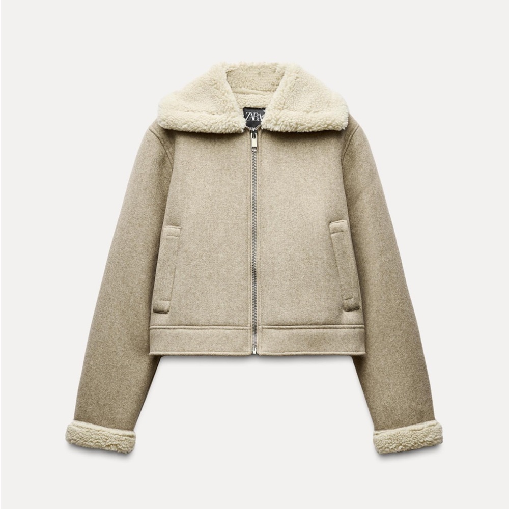 ZARA DOUBLE FACED SOFT JACKET 3046/290 XS TAUPE BROWN COAT FAUX SHERPA SHEARLING